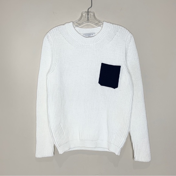 NEW Sandro Sharlene Knit Sweater (Sz 3 / L) Ribbed Crewneck Blanc Navy - Picture 4 of 16